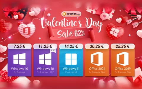 San Valentino su Keysfan: Windows a 7,25€ e sconti del 62% su altri software