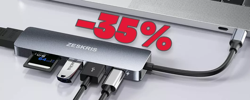 Hub USB-C 6-in-1, SCONTO 35% su Amazon: espandi le porte del tuo laptop