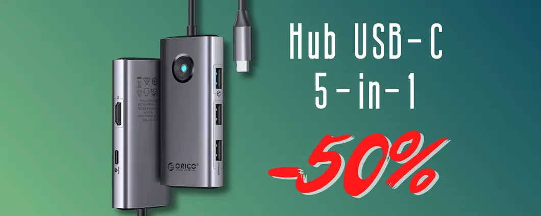 Hub USB-C 5-in-1 al 50% su Amazon: tutte le porte che vuoi, al minimo prezzo