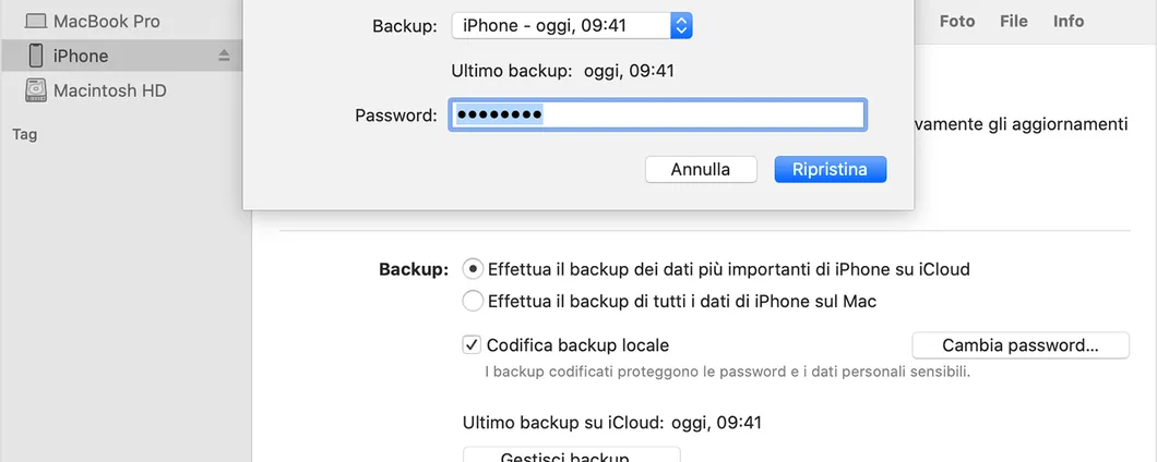 Ripristino backup iPhone da iTunes