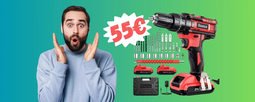 Trapano avvitatore da 21V con 2 batterie e 30 accessori a 55€