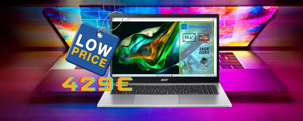 Acer Aspire 3: notebook con CPU Ryzen 5, 16GB RAM e SSD 512GB (429€)
