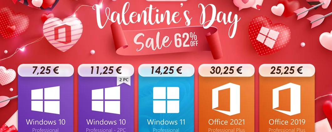 San Valentino su Keysfan: Windows a 7,25€ e sconti del 62% su altri software