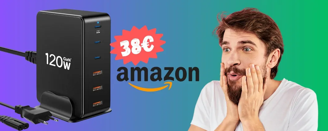 Caricatore USB da 120W GaN e 6 uscite a SOLI 38€ su Amazon