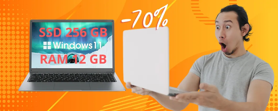 Notebook con 12GB RAM, SSD 256GB e Windows 11 al 70%