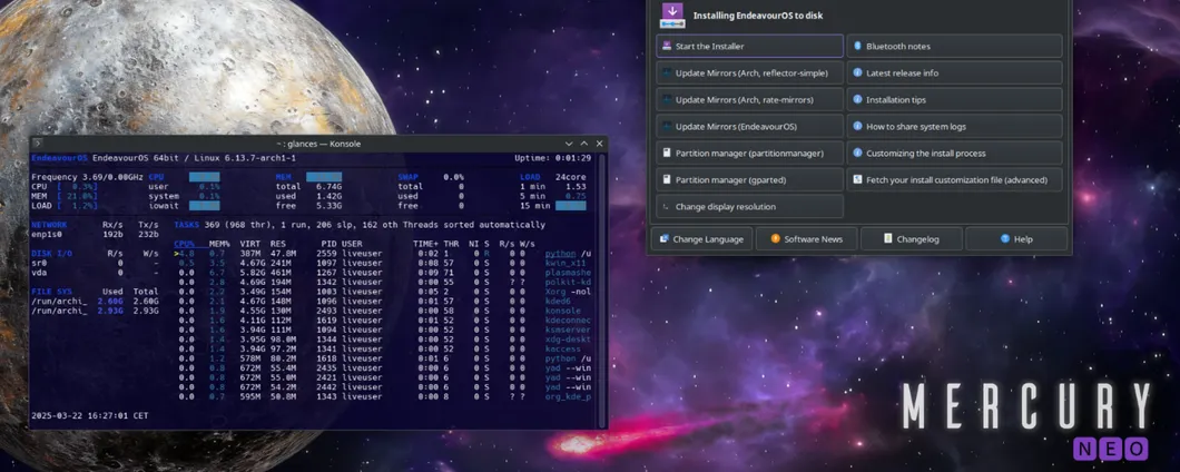 EndeavourOS Mercury Neo arriva con Plasma 6.3 e Mesa 25