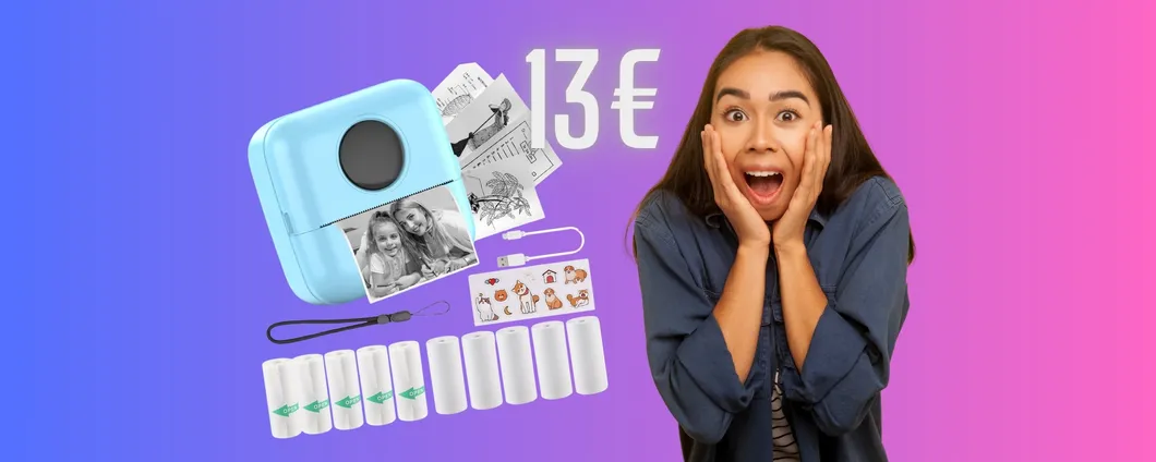 Mini stampante termica per foto compatta con 10 rotoli e 1 adesivo ora a 13€