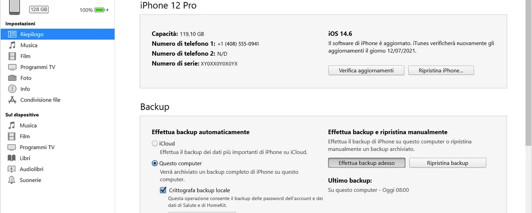 backup iPhone da iTunes