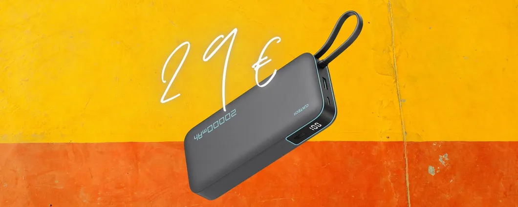 Power Bank da 45W, capacità di 20000 mAh e cavo integrato tuo a 29€